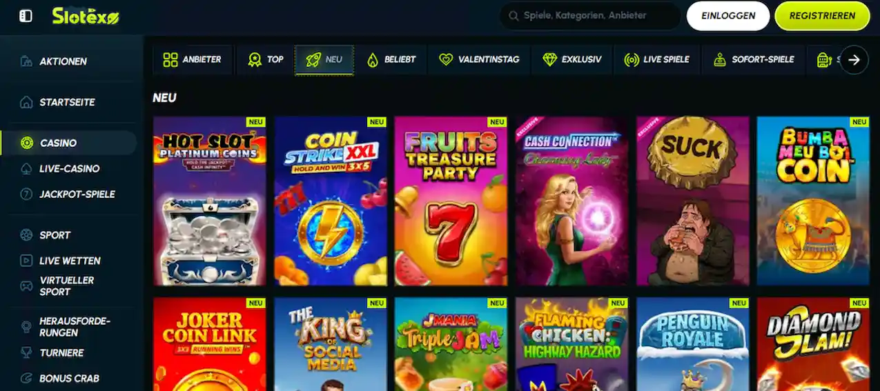 Slotexo Casino - Erleben Sie erstklassiges Online-Gaming mit hunderten Spielautomaten, Live-Casino-Action und progressiven Jackpots